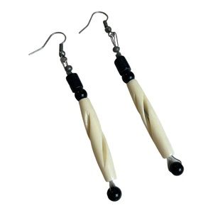 Bone Beaded Earrings Black and White Carved Hairpipe Native American Dangle